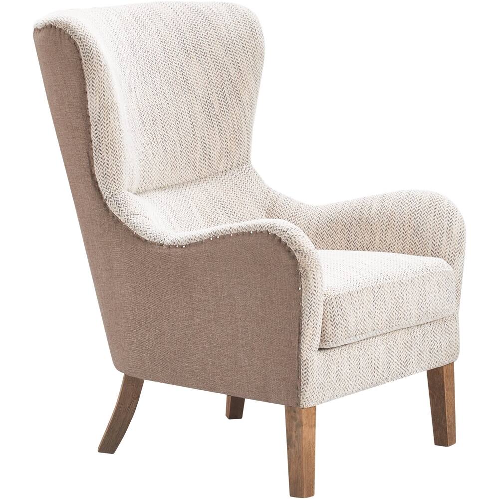 Left View: Finch - Mid-Century Wing Chair With Under Seat Storage Compartment - Brown/Herringbone Beige