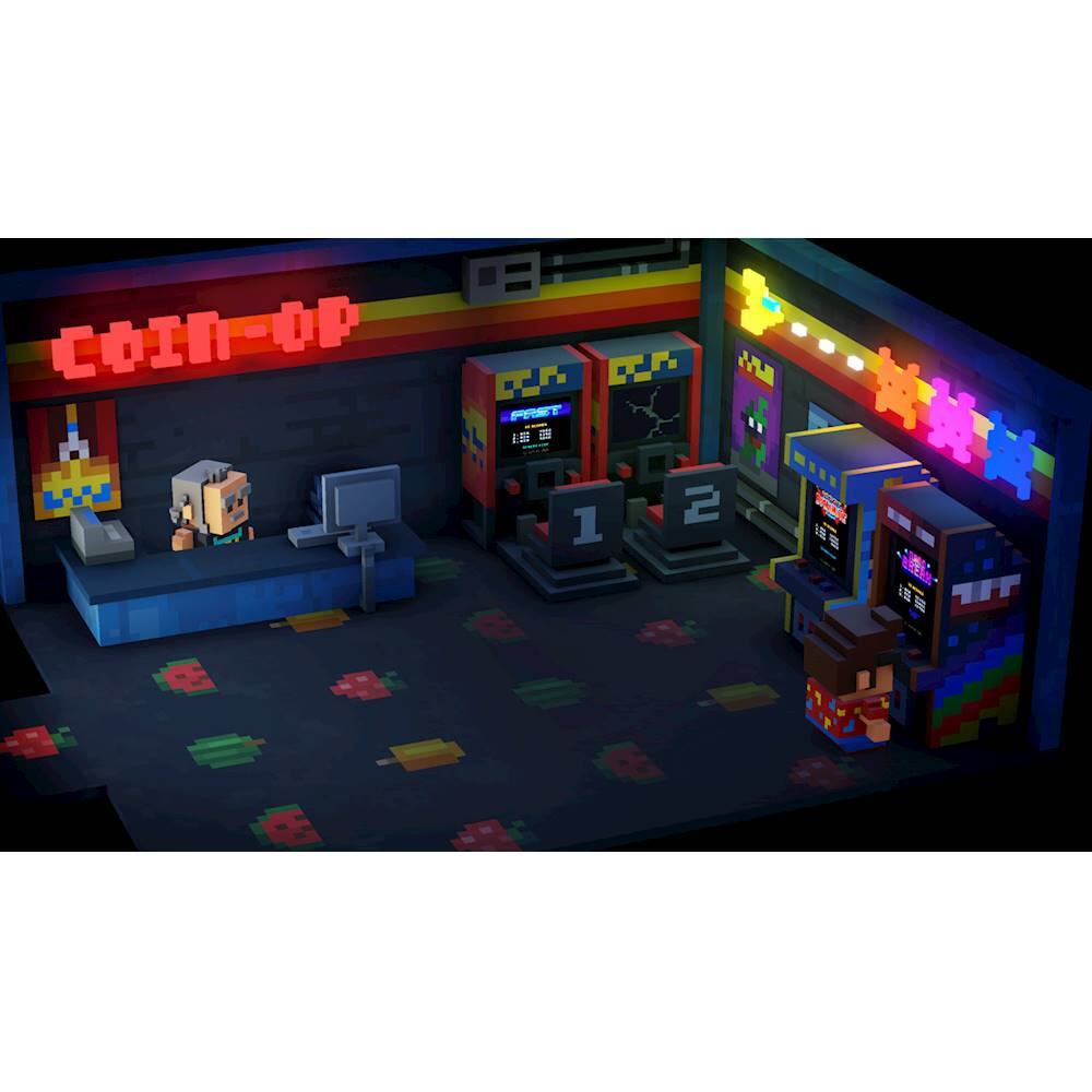 The image features a coin-op arcade with several video game machines, including a Pac-Man machine. There are also other machines, such as a pinball machine, and a cash register. A person is sitting at the cash register, possibly waiting for customers or managing the arcade. The arcade is decorated with a colorful design, and there are multiple TVs placed around the area, likely displaying game information or advertisements.