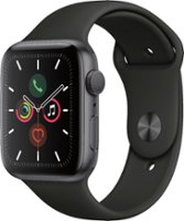 Geek Squad Certified Refurbished Apple Watch Series 5 (GPS) 44mm Space Gray Aluminum Case with Black Sport Band - Space Gray Aluminum - Front_Zoom