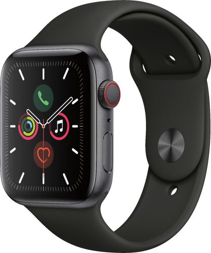 Geek Squad Certified Refurbished Apple Watch Series 5 (GPS+Cellular) 44mm Space Gray Aluminum Case with Black Sport Band - Space Gray Aluminum