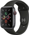 Front. Apple - Geek Squad Certified Refurbished Apple Watch Series 5 (GPS+Cellular) 44mm Space Gray Aluminum Case with Black Sport Band - Space Gray Aluminum.