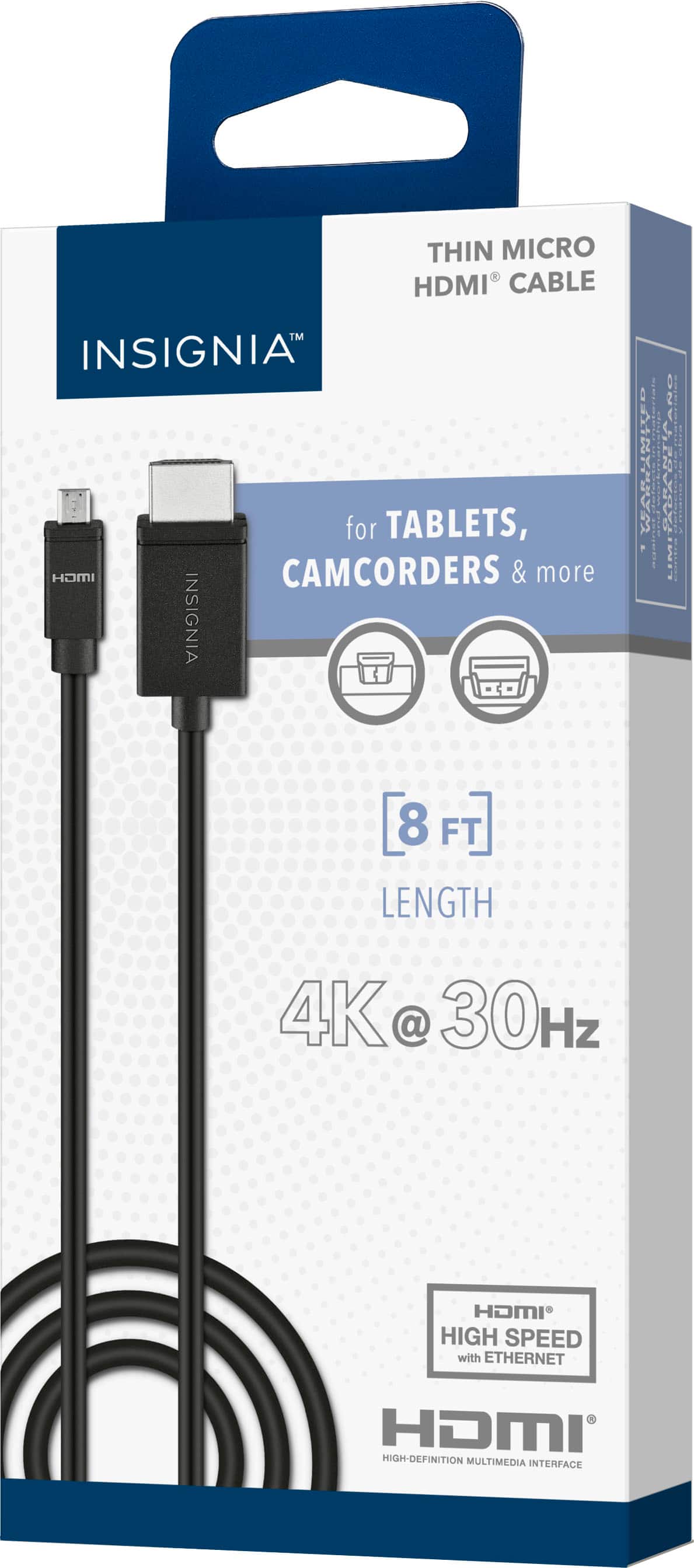 Insignia Thin Micro HDMI Cable for Tablets, Camcorders & more. 8 Ft. Length. 4K @ 30Hz. High Speed - Ethernet HDMI.