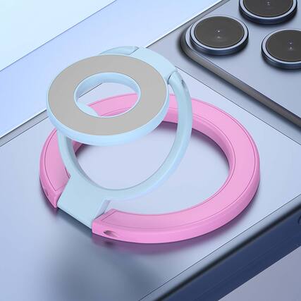 Front. Dteck - Double-sided Mag Safe Magnetic Ring Stand for Apple iPhone 17 Pro Max,Triple Fold Phone Holder 360° Rotating Kickstand - Pink+Blue.