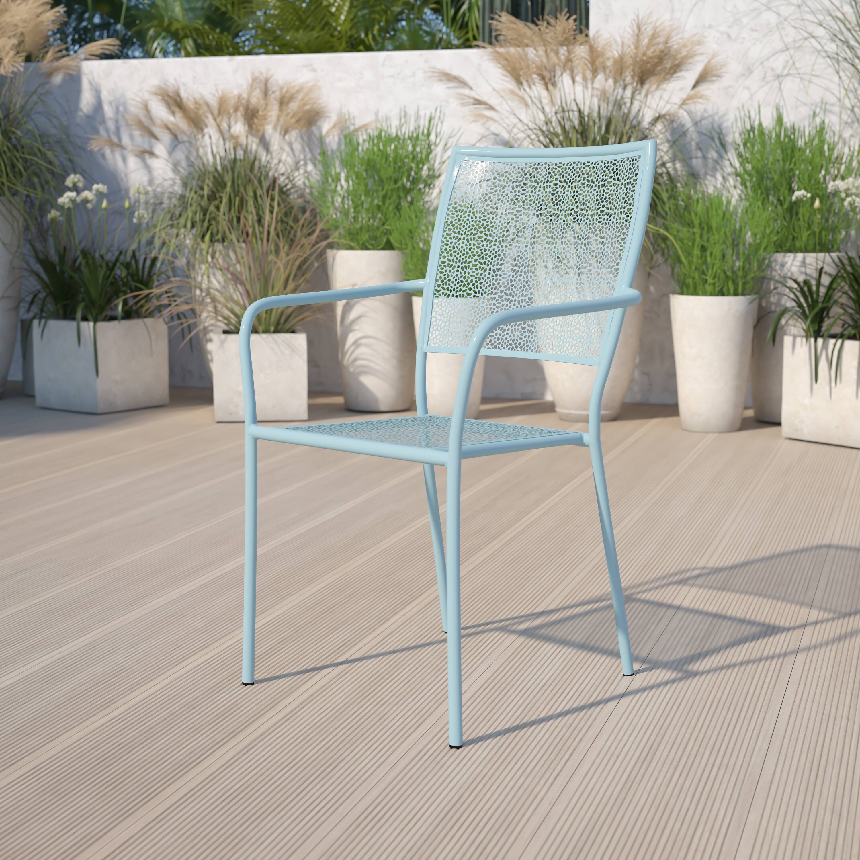 Alt View 1. Emma + Oliver - Commercial Grade Colorful Metal Patio Arm Chair with Square Back - Sky Blue.