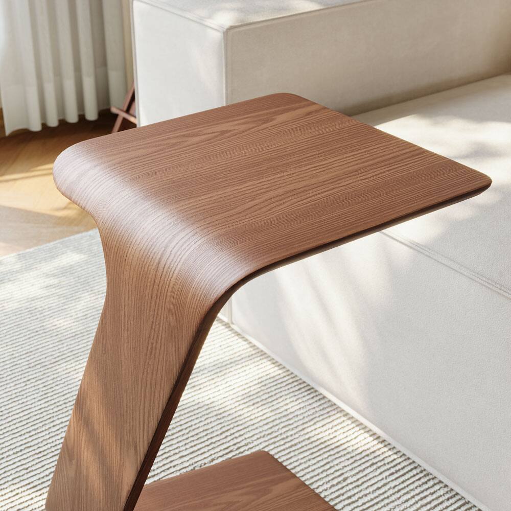 Alt View 2. POVISON - 15" Modern C-Shaped Side Table with Wheels, Mid-Century Modern, Walnut Color End Table for Living Room - Walnut Color.