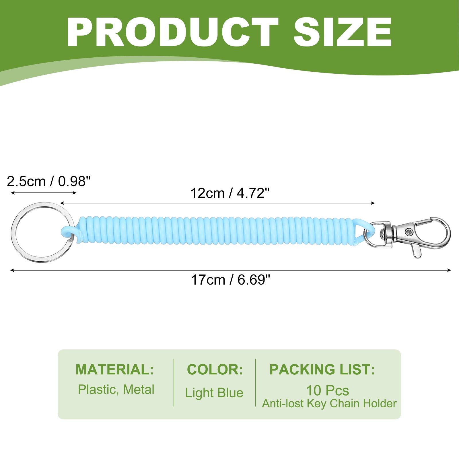 PRODUCT SIZE  
2.5cm / 0.98"  
12cm / 4.72"  
17cm / 6.69"  

MATERIAL:  
Plastic, Metal  

COLOR:  
Light Blue  

PACKING LIST:  
10 Pcs Anti-lost Key Chain Holder