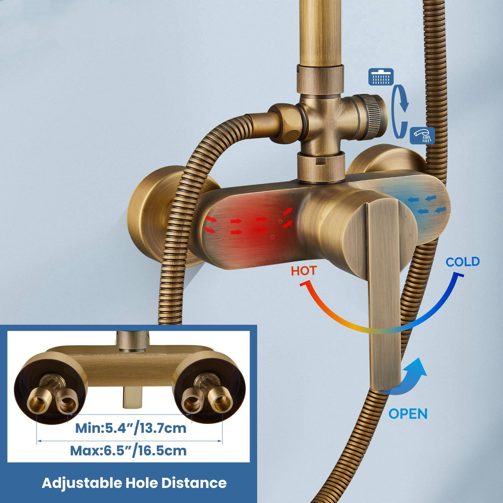 HOT COLD  
Min: 5.4"/13.7cm  
Max: 6.5"/16.5cm  
OPEN  
Adjustable Hole Distance