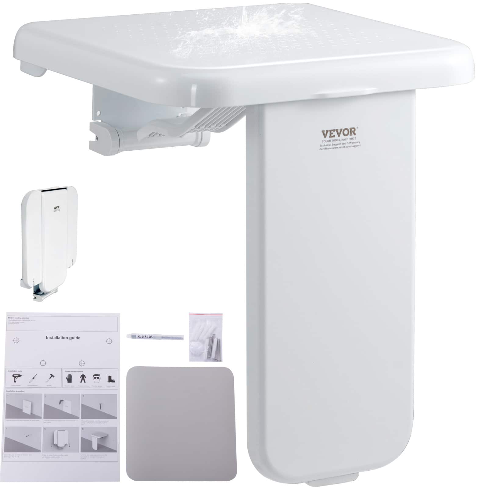 VEVOR - Folding ABS Shower Seat, 15.7'' x 16.7'' Unfolded, Wall Mounted Fold Up Shower Bench with 440 lbs Load Capacity - White