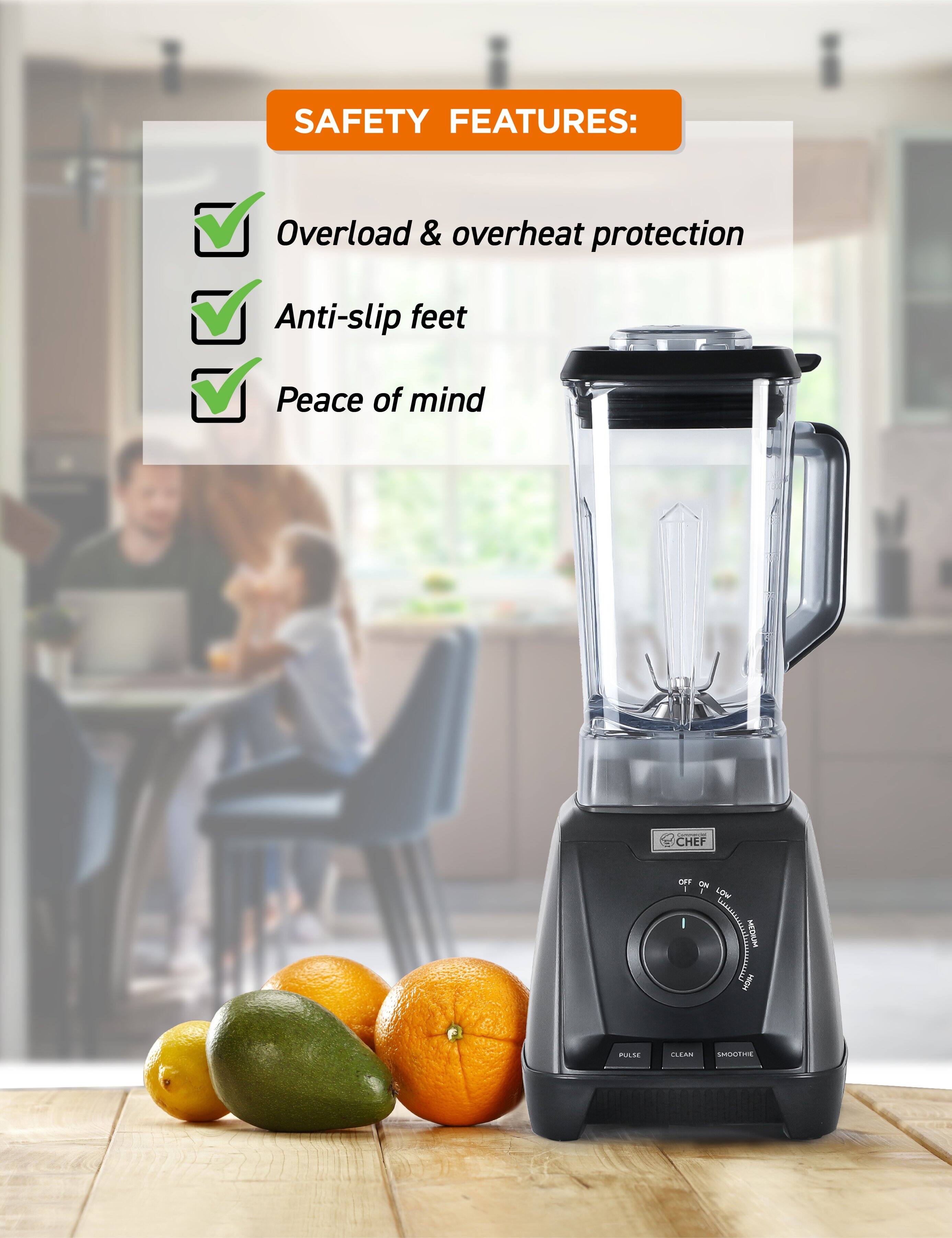 SAFETY FEATURES: Overload & overheat protection Anti-slip feet Peace of mind | CHEF OFF ON LOW MEDIUM HIGH PULSE CLEAN SMOOTHIE