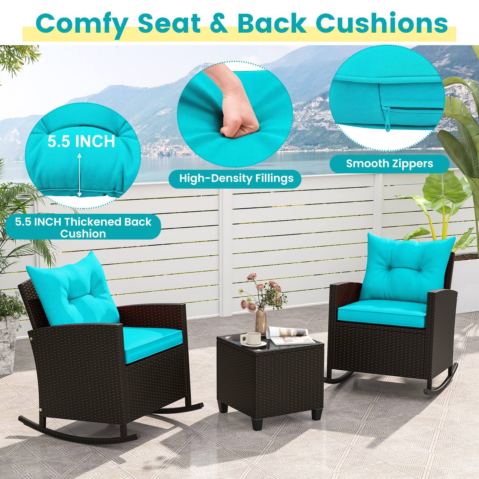 Comfy Seat & Back Cushions

5.5 INCH
High-Density Fillings
Smooth Zippers
5.5 INCH Thickened Back Cushion
