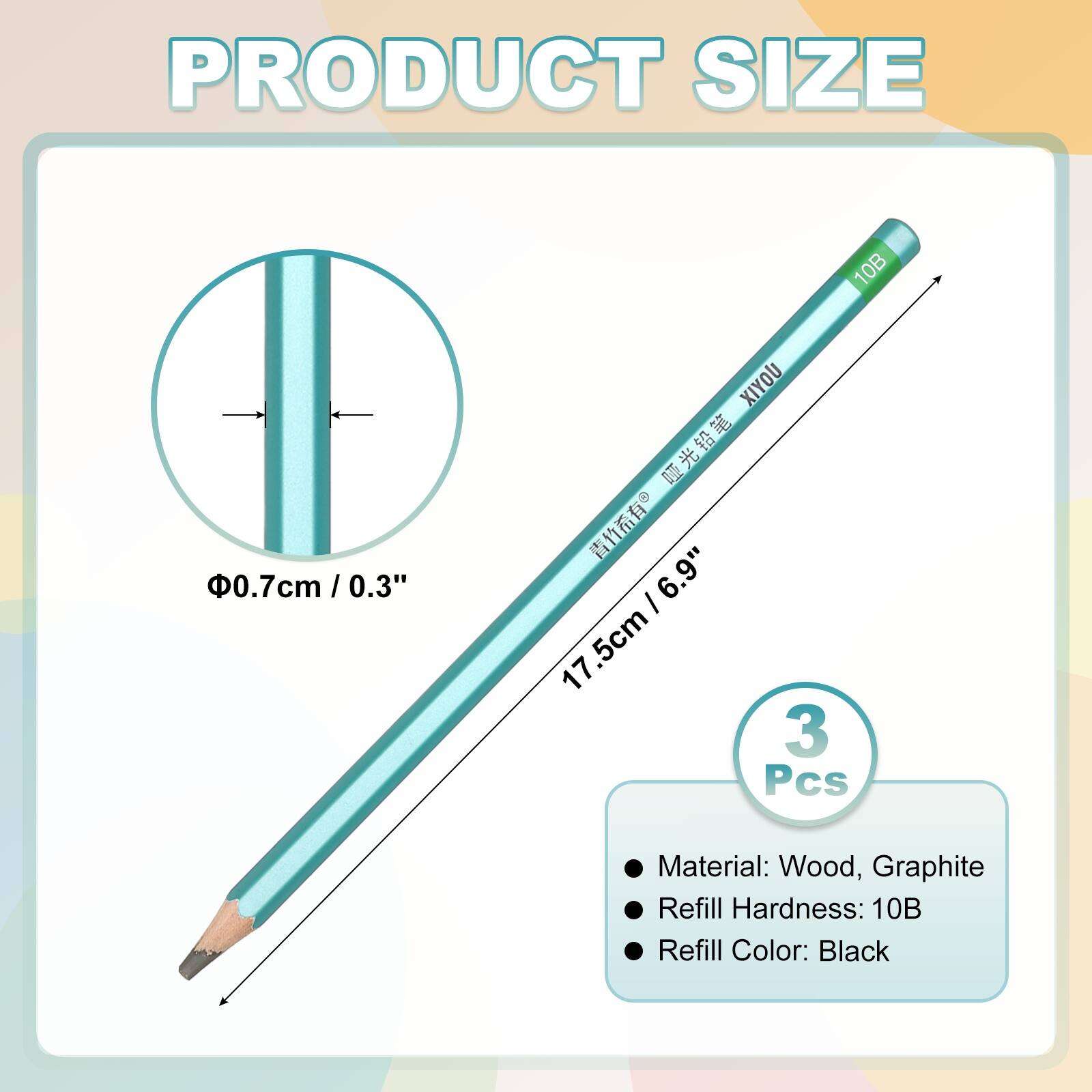 PRODUCT SIZE  
10B  
0.7cm / 0.3"  
6.9" 17.5cm  
3 Pcs  
Material: Wood, Graphite  
Refill Hardness: 10B  
Refill Color: Black