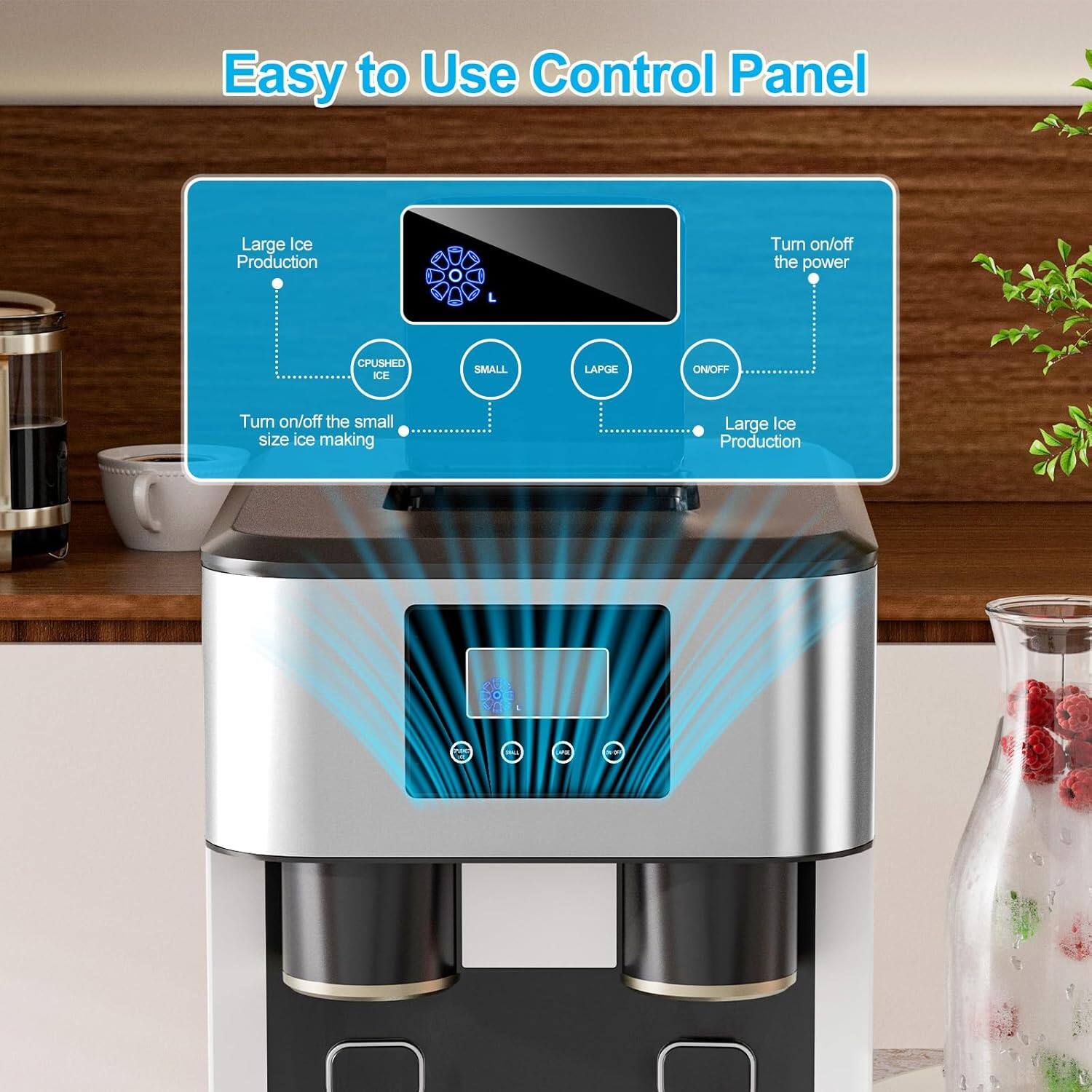 Easy to Use Control Panel

- Large Ice Production
- Turn on/off the power
- Turn on/off the small size ice making
- CPUSHED ICE
- SMALL
- LARGE
- ON/OFF