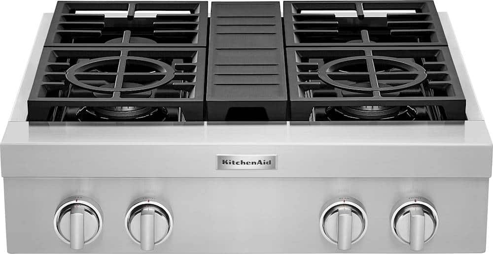 Front. KitchenAid - Commercial-Style 30" Built-In Gas Cooktop with 4 Burners - Stainless steel.