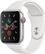 Front. Apple - Geek Squad Certified Refurbished Apple Watch Series 5 (GPS + Cellular) 44mm Silver Aluminum Case with White Sport Band - Silver Aluminum.