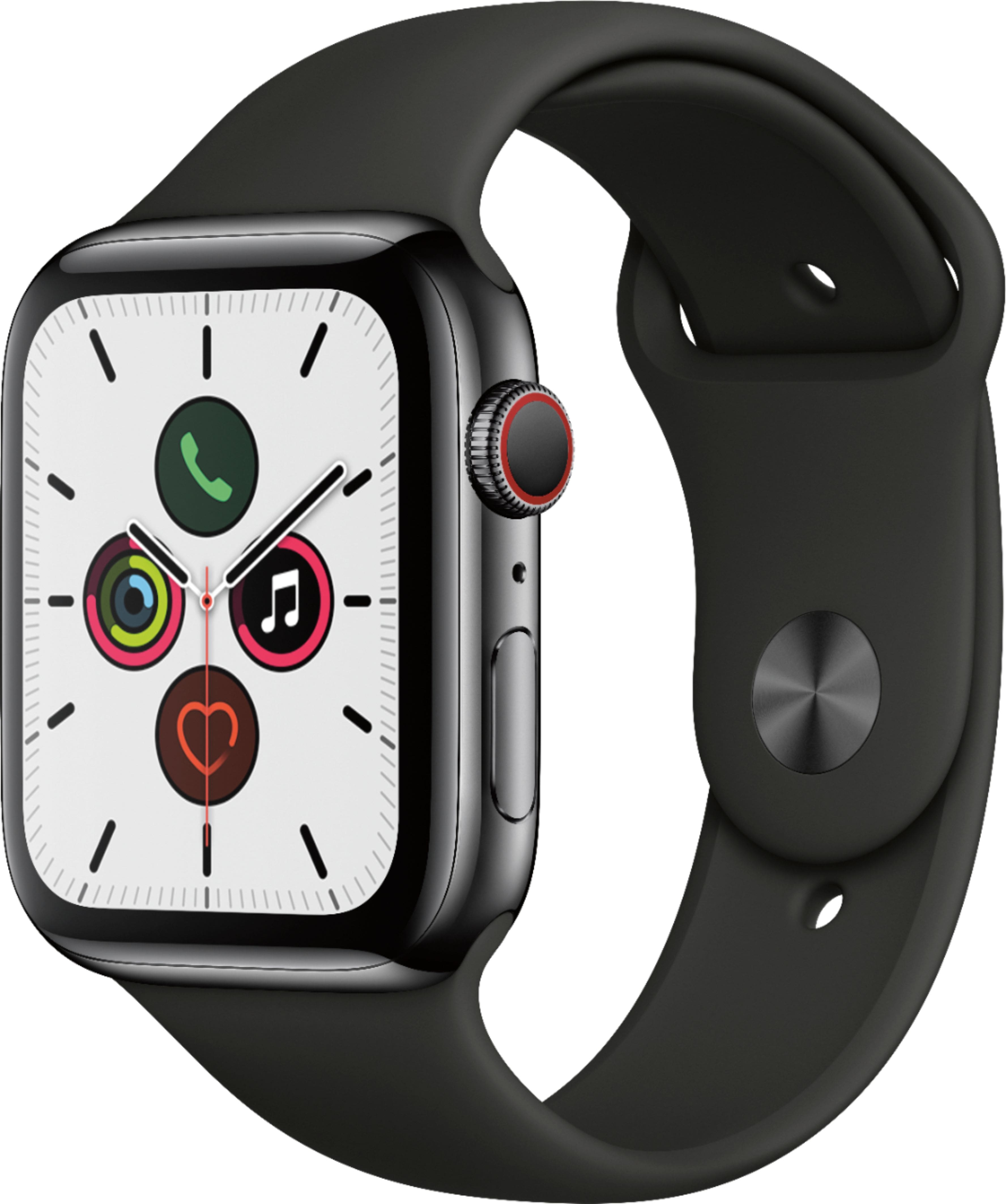 Front. Apple - Geek Squad Certified Refurbished Apple Watch Series 5 (GPS + Cellular) 44mm Stainless Steel Case with Sport Band - Space Black Stainless Steel.