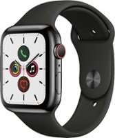 Geek Squad Certified Refurbished Apple Watch Series 5 (GPS + Cellular) 44mm Stainless Steel Case with Sport Band - Space Black Stainless Steel - Front_Zoom