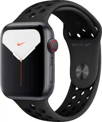 Front. Apple - Geek Squad Certified Refurbished Apple Watch Nike Series 5 (GPS + Cellular) 44mm Aluminum Case with Nike Sport Band - Space Gray Aluminum.