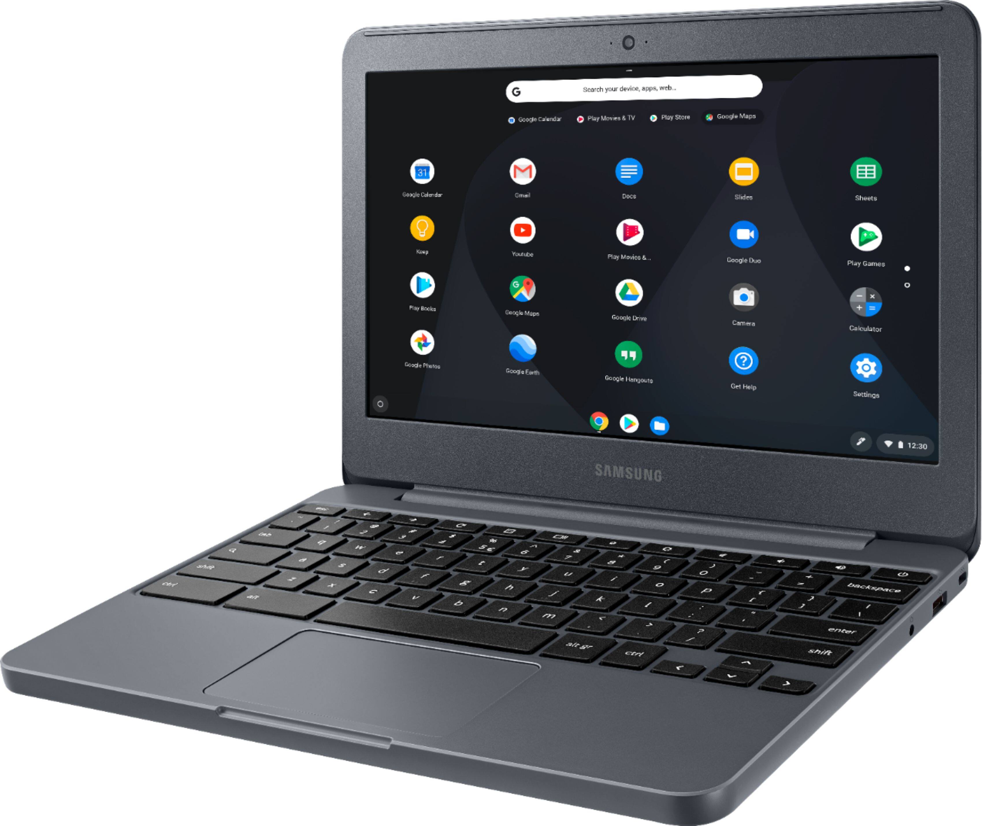 Left View: Samsung - 11.6" Geek Squad Certified Refurbished Chromebook - Intel Celeron - 4GB Memory - 32GB eMMC Flash Memory - Night Charcoal