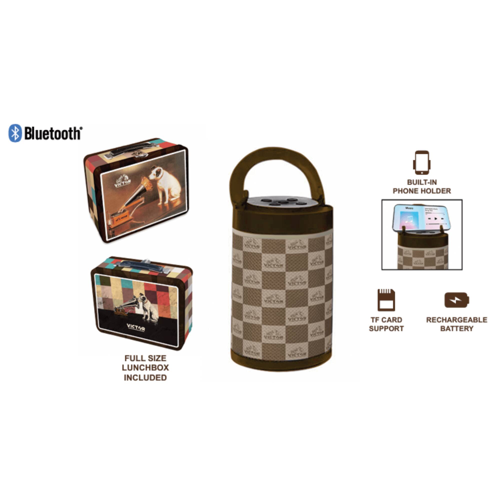 Bluetooth VICTOR BUILT-IN PHONE HOLDER  
FULL SIZE LUNCHBOX INCLUDED  
TF CARD SUPPORT  
RECHARGEABLE BATTERY