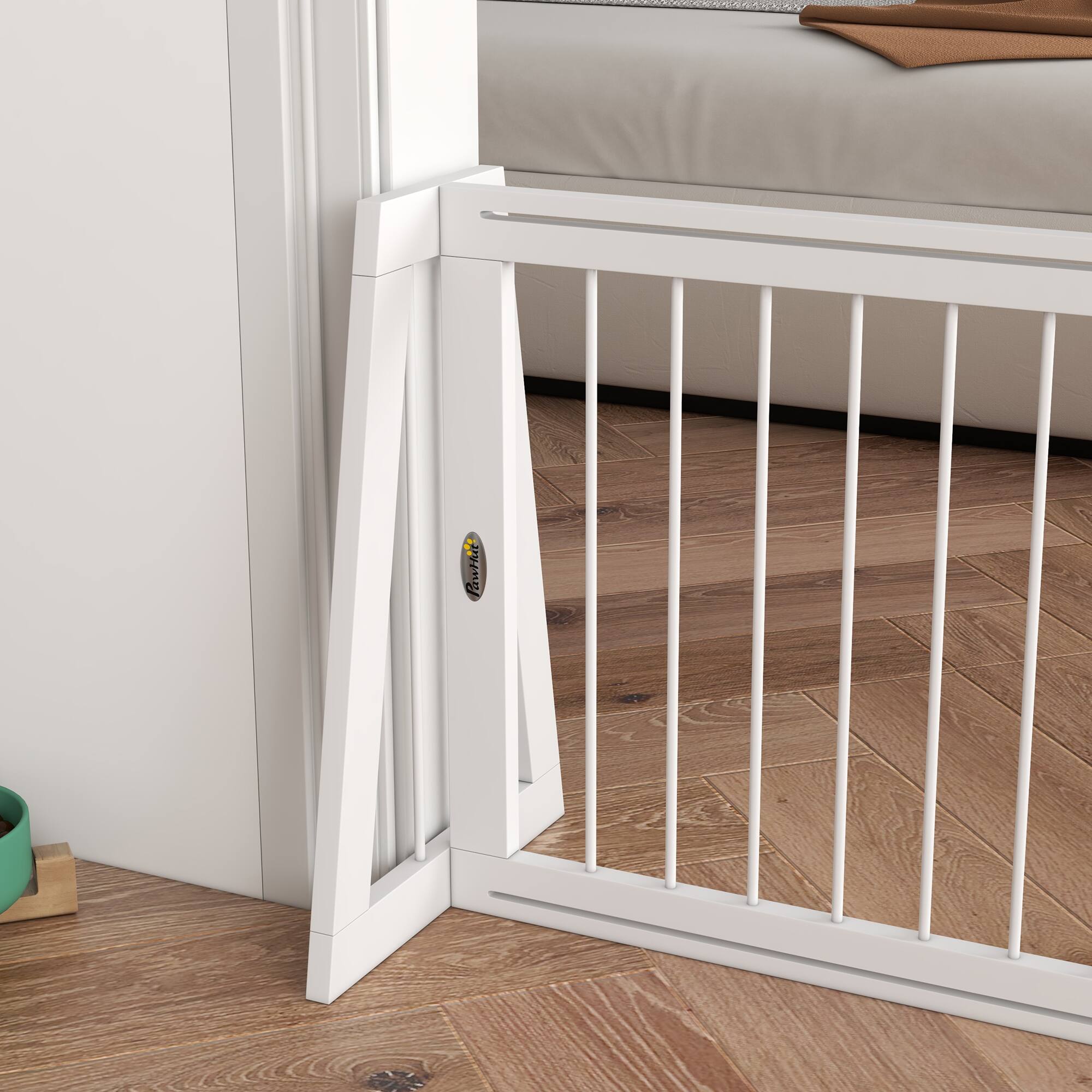 Alt View 4. Pawhut - Freestanding Pet Gate, Wooden Dog Gate w/28"-75" Retractable Length, Support Feet, Non-Slip Mats, 3 Panel for Indoor - White.