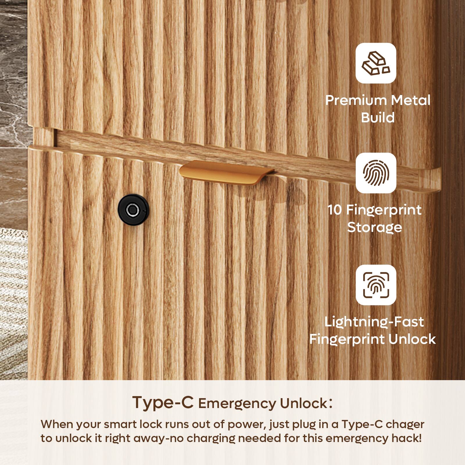 Premium Metal Build  
10 Fingerprint Storage  
Lightning-Fast Fingerprint Unlock  

Type-C Emergency Unlock:  
When your smart lock runs out of power, just plug in a Type-C charger to unlock it right away—no charging needed for this emergency hack!