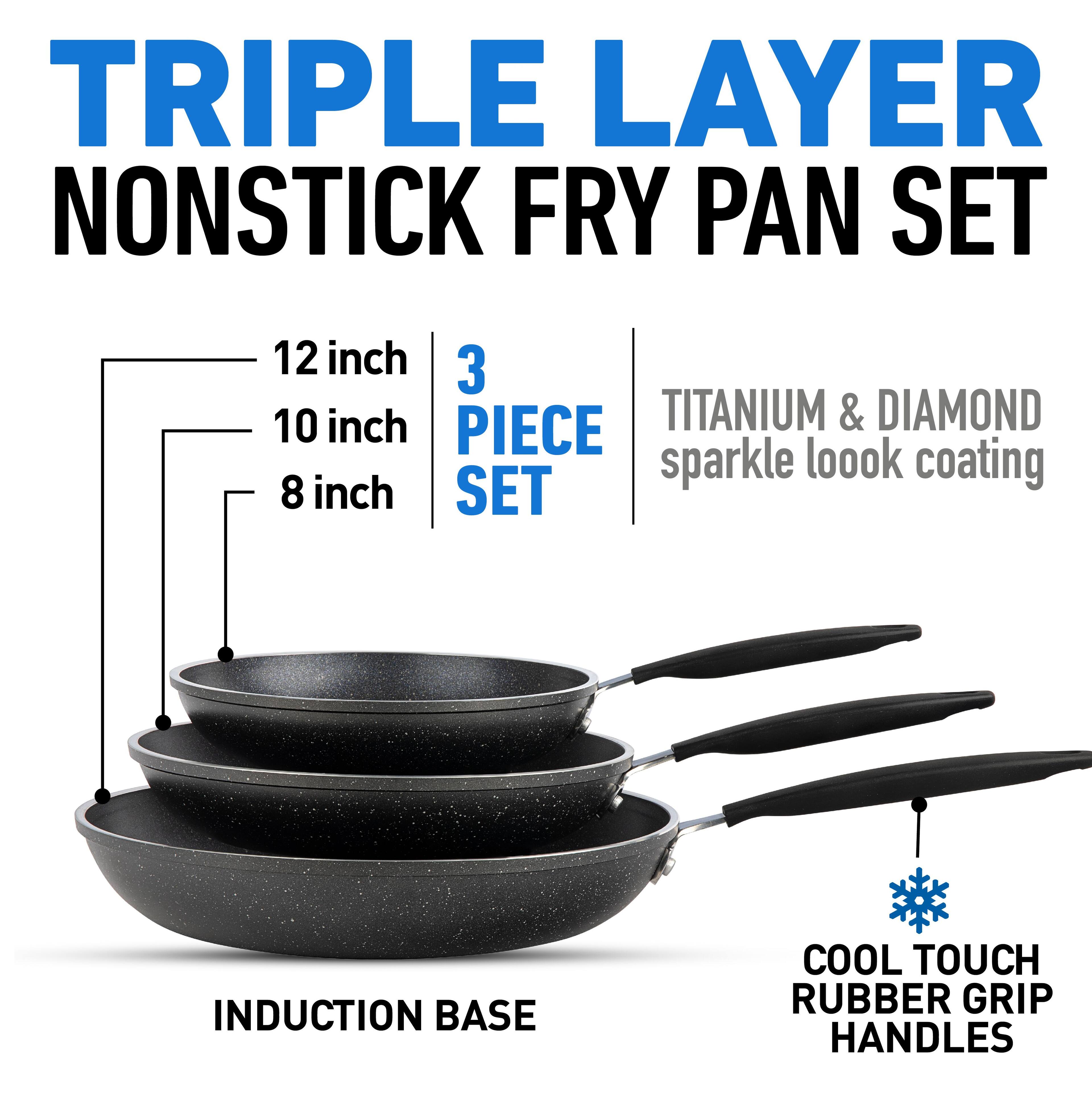 TRIPLE LAYER NONSTICK FRY PAN SET, 12 inch, 10 inch, 8 inch, 3 PIECE SET, TITANIUM & DIAMOND sparkle loook coating, INDUCTION BASE, COOL TOUCH RUBBER GRIP HANDLES