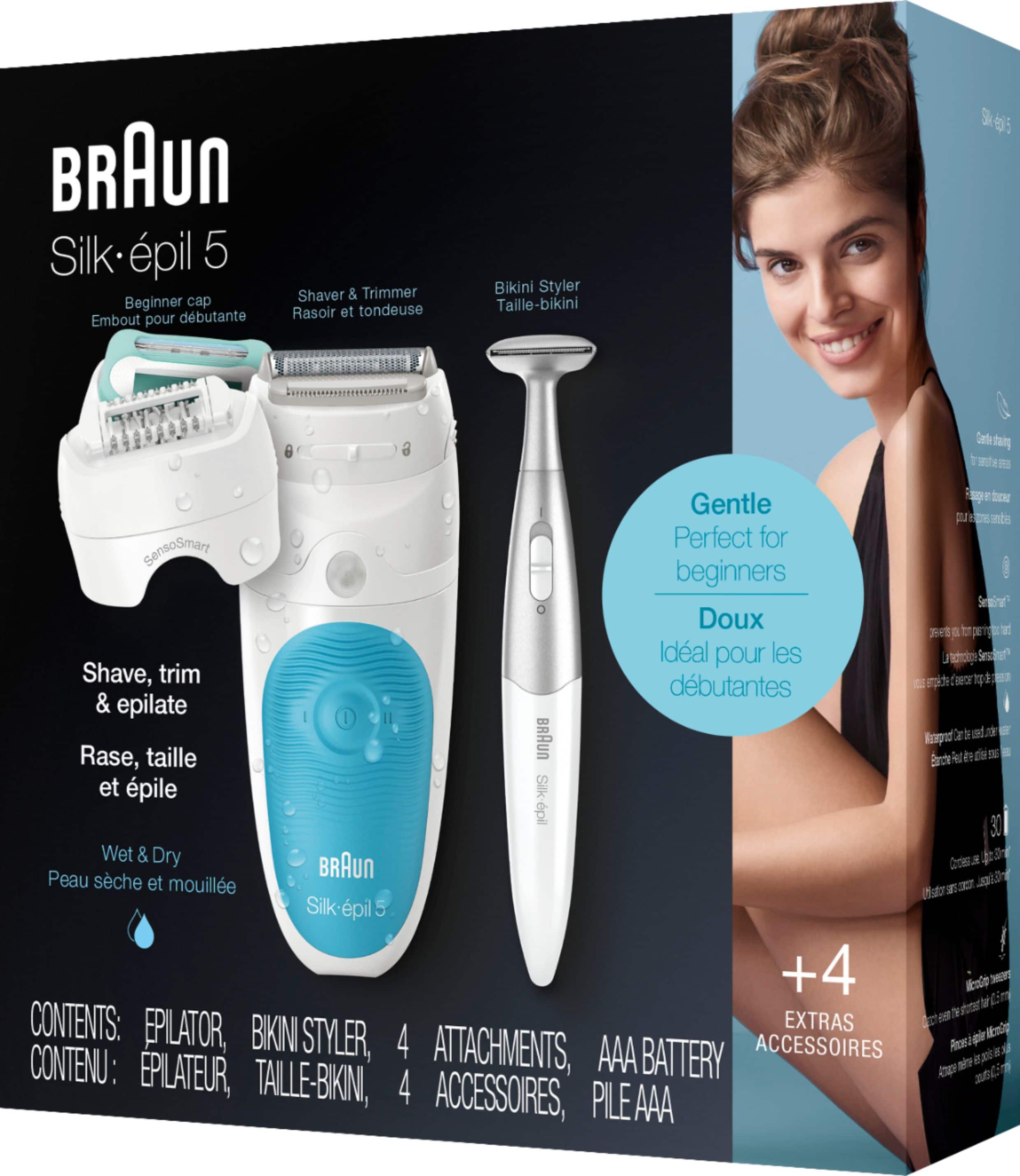 Braun Silk-Epil 5 Shaver & Trimmer Beginner cap d'butante Rasoir et tondeuse Embout pour Bikini Styler Taille-bikini Skea5 dn detaing m e E Gentle a tocee pu DE nte Perfect for SensoSmart beginners Settina Doux pET a JES a tor Idal pour les J eroip Sers 2 Shave, trim aor P # dbutantes & epilate 2 al J BRAUN Rcped Rase, taille Barche iel de et pile Silk pil 30 Wet & Dry CO BRAUN Peau sche et mouille T E p (uto Silk-pil 5 +4 lenlo 3 C TeN N via CONTENTS: EXTRAS EPILATOR, BIKINI STYLER, pin lm 4 ATTACHMENTS, AAA BATTERY ACCESSOIRES Ricera a i a CONTENU: - al EPILATEUR, TALLE-BIKIN, 4 ACCESSOIRES, a0 PILE AAA