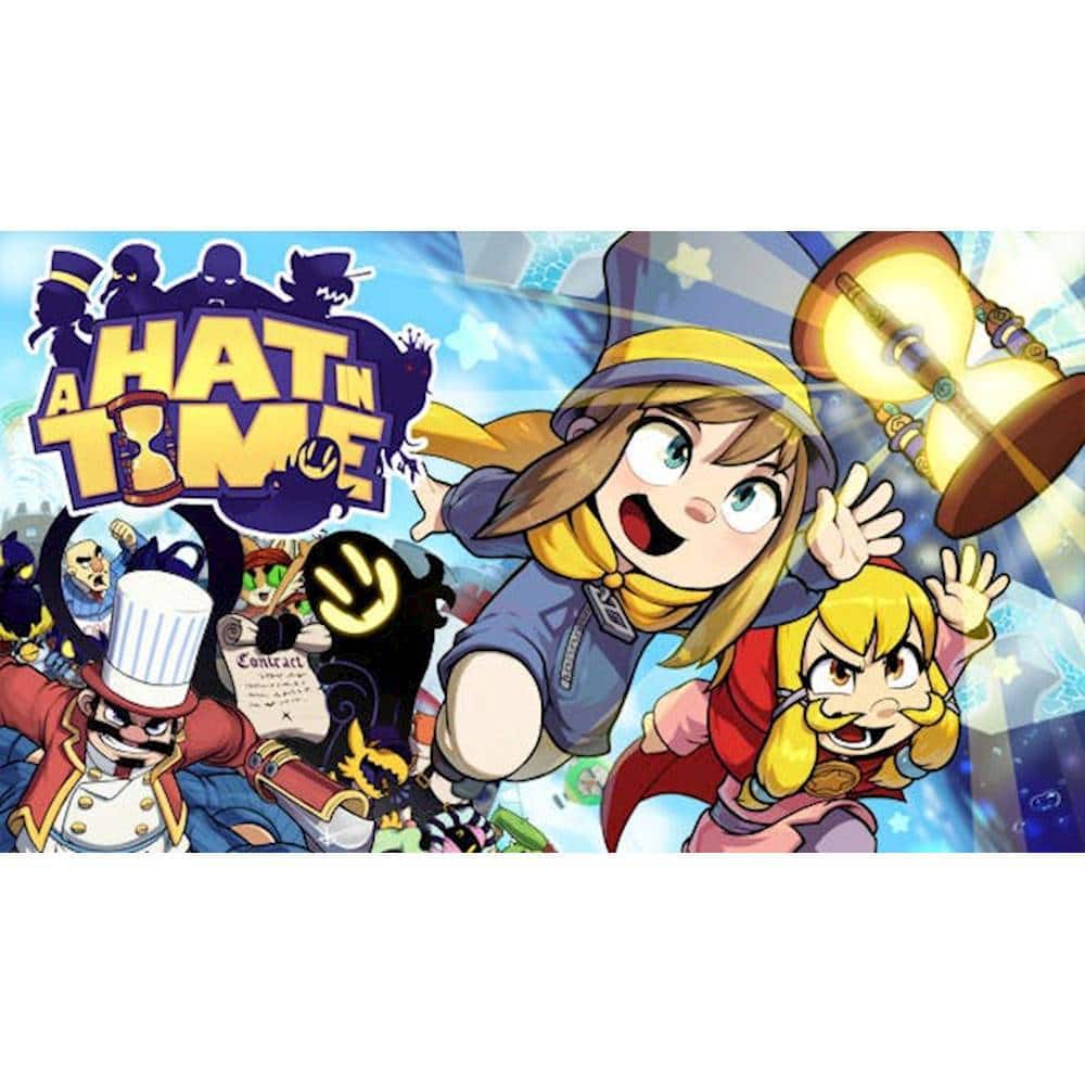 A Hat in Time is a video game that features a young girl with a yellow hat and scarf, who is waving at the camera. The game is set in a world where the girl has to collect hats to save her world from an evil force. The image also shows other characters, such as a chef and a cat, as well as various objects like a clock, a book, and a bell. The game appears to be a fun and engaging adventure for players of all ages.