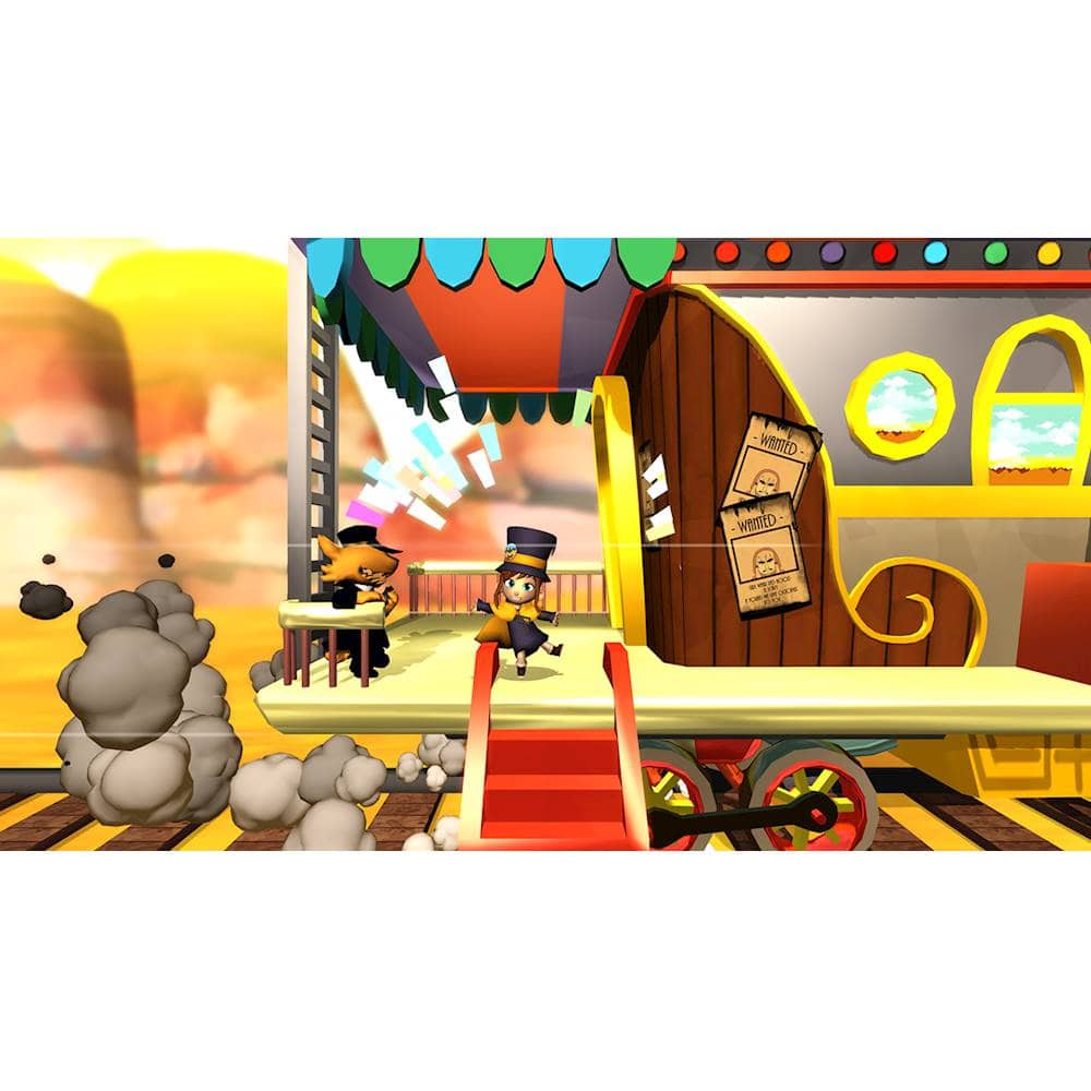 The image features a cartoon train with a man in a top hat sitting on top of it. The train is parked next to a building, and there is a carousel nearby. The man appears to be a character from a video game, possibly a character from the game "Whoville." The scene also includes a dining table and chairs, adding to the overall whimsical and playful atmosphere.