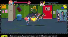 In the image, a group of people is playing a video game. The game appears to be a cartoon-style game involving characters running and fighting. The game is set in a school, with a red door visible in the background. The characters are engaged in various actions, such as running, fighting, and interacting with each other. The game seems to be a fun and engaging experience for the players.