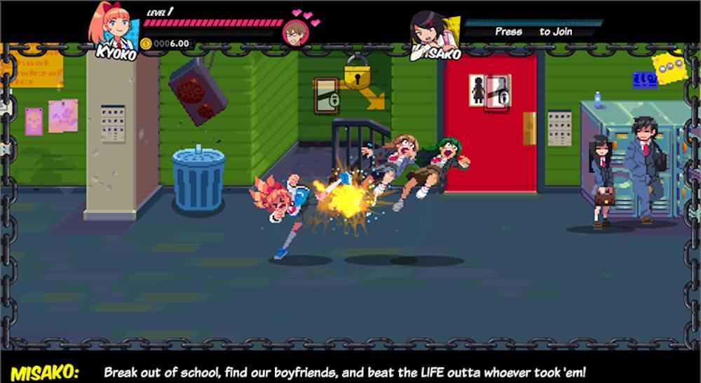 In the image, a group of people is playing a video game. The game appears to be a cartoon-style game involving characters running and fighting. The game is set in a school, with a red door visible in the background. The characters are engaged in various actions, such as running, fighting, and interacting with each other. The game seems to be a fun and engaging experience for the players.