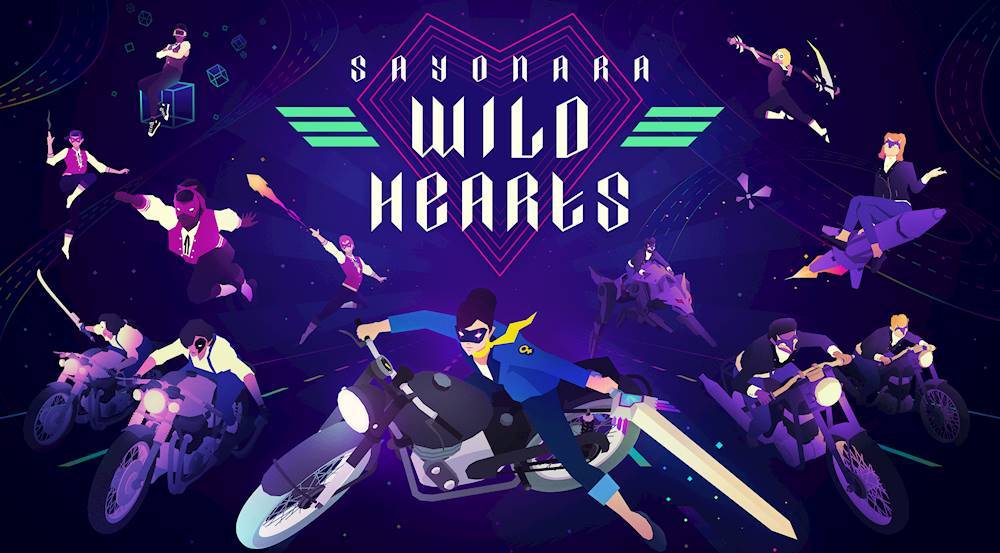 The image features a group of people riding motorcycles, with one person prominently riding a motorcycle in the center. The image is titled "SAYONARA WILD HEARTS" and is likely an advertisement or promotional material for a motorcycle-related event or product. The other people in the image are also riding motorcycles, creating a sense of camaraderie and shared passion for the activity.
