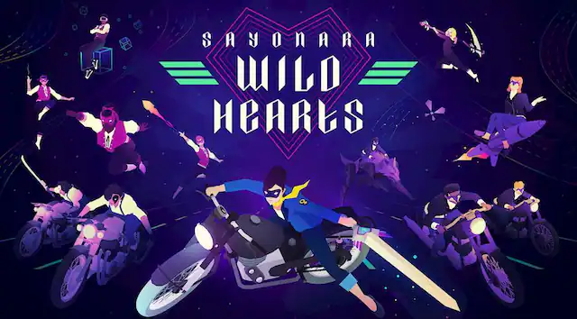The image features a group of people riding motorcycles, with one person prominently riding a motorcycle in the center. The image is titled "SAYONARA WILD HEARTS" and is likely an advertisement or promotional material for a motorcycle-related event or product. The other people in the image are also riding motorcycles, creating a sense of camaraderie and shared passion for the activity. - E10+ (Everyone 10+)