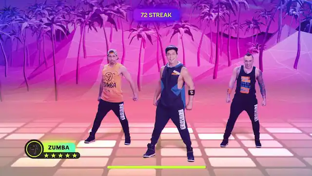 The image shows three men dancing in a video game, possibly Zumba. They are wearing black pants and are standing on a checkered floor. The largest text in the image reads "72 STREAK," indicating that they have achieved a 72-game streak. The other text in the image reads "ZUMBA," which is the name of the dance game they are playing. - E (Everyone)