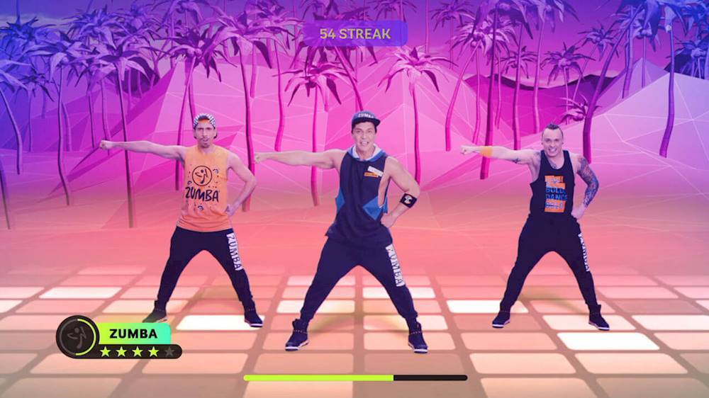 The image shows three men dancing in front of a palm tree background, likely in a Zumba game. The largest text in the image reads "54 STREAK ZUMBA," indicating a successful streak of playing the game. The other text reads "ZUMBA FUMBA & BUMBA BULD DANCS ZUMBA," which is likely a description of the game or the dance moves involved. The image is colorful and vibrant, with the men actively engaging in the dance activity.