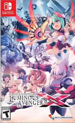 Luminous Avenger X is a game for the Nintendo Switch, developed by Inti Creates. The game features a group of characters, including a girl with a sword, and a boy with a bow. The game has an ESRB rating of Teen. - T (Teen 13+)