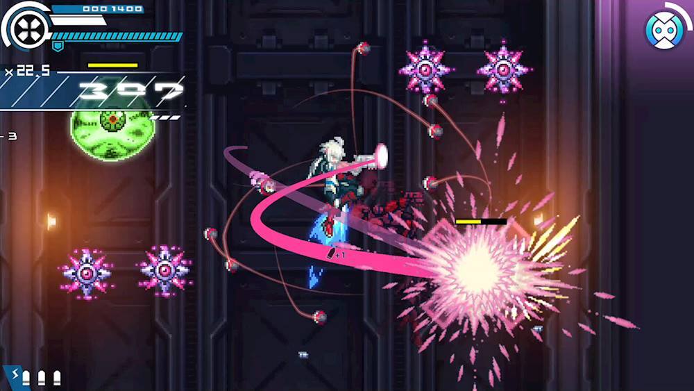 The image depicts a video game with a character in the center, surrounded by various objects. The character is holding a gun and appears to be in the middle of an intense action scene. The game is set in a futuristic environment, with a large explosion taking place in the background. The character is likely engaged in a battle, possibly with other characters or enemies. The game's visuals are vibrant and dynamic, making it an exciting and immersive experience for the player.