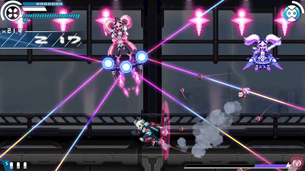 The image shows a video game with multiple characters, including a girl with pink hair, engaged in a battle. The girl is in the center of the scene, surrounded by other characters. The game appears to be a shooter or action game, as the characters are using weapons and engaging in combat. The scene is set in a futuristic environment, with a wall and a fence visible in the background. The characters are positioned in various locations within the scene, with some closer to the foreground and others further in the background.