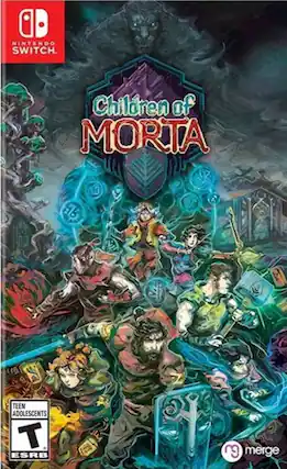 The image features a video game called "Children of Morta" for the Nintendo Switch. The game is rated T for Teen and is developed by Merge Games. The cover of the game shows a group of people standing together, possibly as a family, with a sword in the background. The game appears to be an action-adventure title, suitable for teenagers and young adults. - T (Teen 13+)
