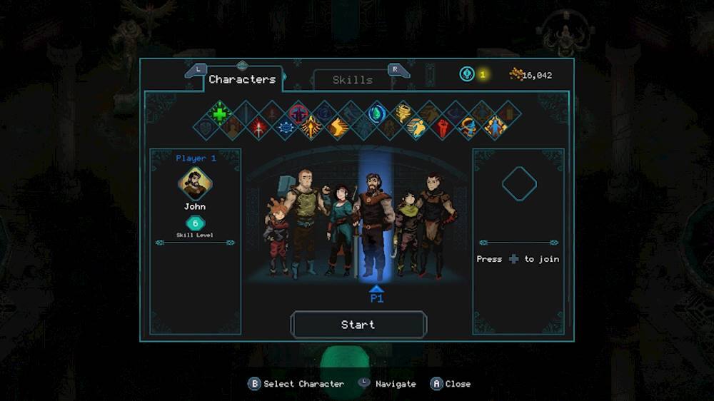 The image features a character selection screen with a group of people displayed. The largest text reads "Characters" and is located at the top left corner of the screen. The following text is cleaned up based on the image:

1. Skills: The text is located in the middle of the screen, with the number "1" at the top left corner and "6" at the top right corner.
2. Skill Level: The text is positioned below the "Skills" text, with "Press + to join P1" on the right side and "Player 1 John" on the left side.
3. Start: The text is located at the bottom left corner of the screen.
4. Select Character: The text is positioned at the bottom right corner of the screen.
5. Navigate: The text is located at the bottom center of the screen.
6. Close: The text is located at the bottom right corner of the screen.