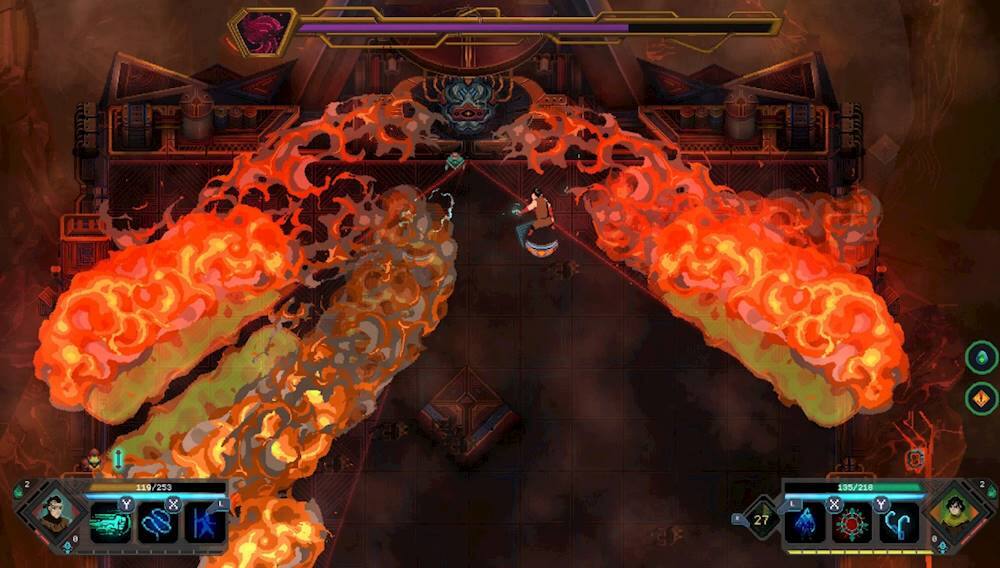 The image shows a video game with a character in the middle of a fiery scene. The character is surrounded by flames, and there are two fire-breathing dragons in the background. The game is set in a dark environment, with the character standing in the middle of the action. The image also features a scoreboard displaying the player's progress, with the score at 119/253.