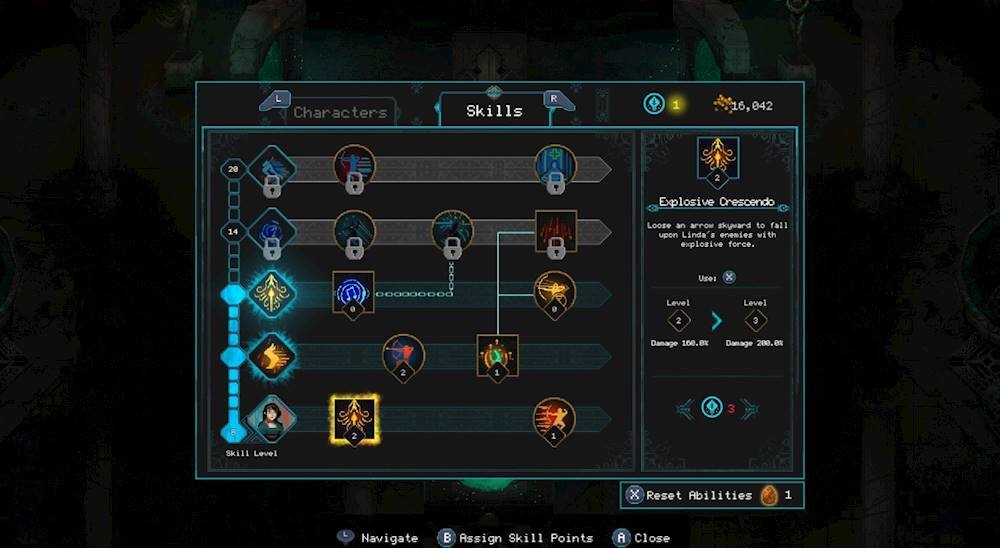 The image displays a character screen with various abilities and skills for a video game. The character has a total of 16 points to assign to different skills. The skills include Explosive Crescendo, which deals explosive damage to enemies, and Navigate, which is a basic ability for the character. The character screen also shows the character's current level and the points assigned to each skill. The player can use the arrow keys to navigate through the character screen and make adjustments to the skill points as desired.