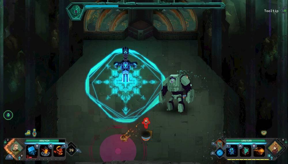 The image depicts a video game with a character standing in front of a blue circle. The character appears to be a robot, and there are other robots in the scene as well. The game is set in a dark environment, with a dungeon-like atmosphere. The character is holding a weapon, possibly a sword, and is ready to engage in combat. The game seems to be a role-playing game, where players control their characters and interact with the environment to progress through the game.