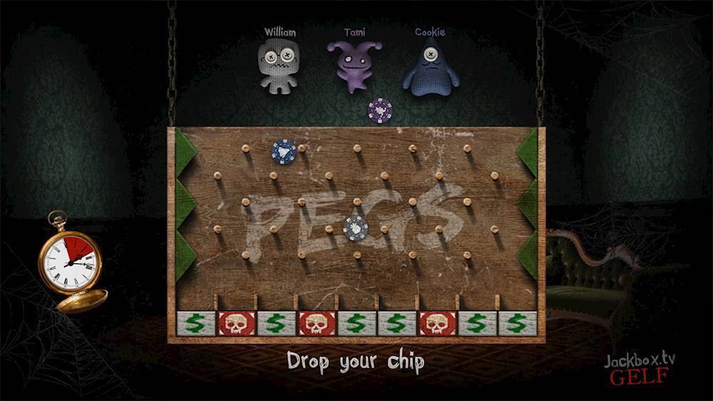 The image features a game with a clock and a sign that says "Drop your chip." There are several pegs on the game board, and the game appears to be a Halloween-themed game. The game is likely a part of the Jackbox.tv platform.