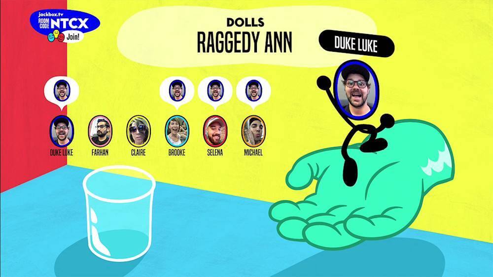 The image features a cartoon character named Raggedy Ann, who is holding a glass of water. The character is surrounded by several other characters, including Duke Luke and Farhan Claire Brooke Selena Michael. The scene is likely from a game or animated show.