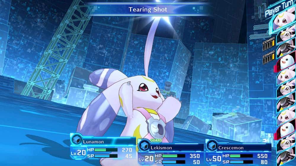 The image displays a video game featuring a character named Lunamon. The game is set in a futuristic city with a blue background. The character is standing on one leg, and there is a blue circle in the background. The game is likely a role-playing game, as evidenced by the presence of a combo meter and the character's unique appearance.