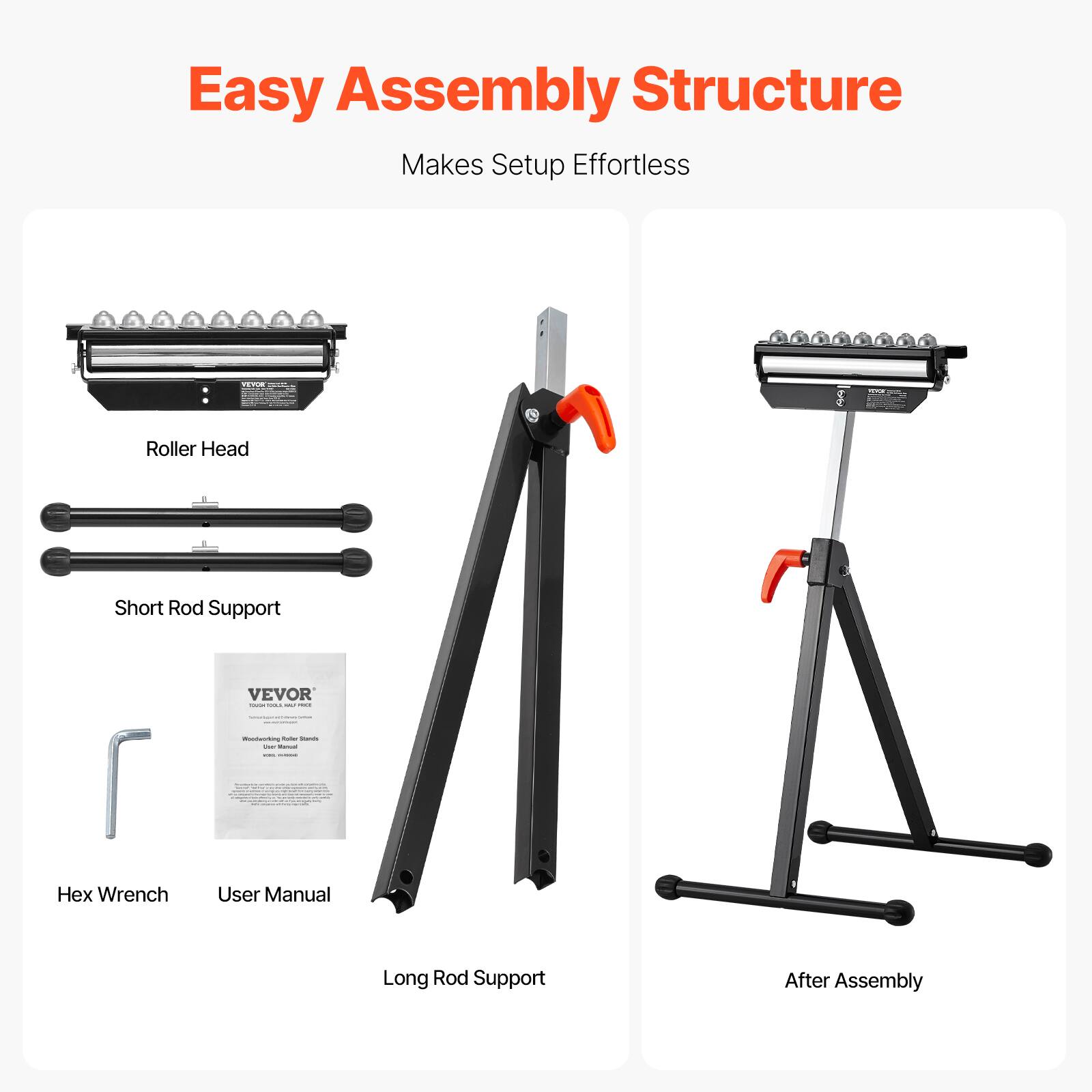 Easy Assembly Structure Makes Setup Effortless

1. Roller Head
2. Short Rod Support
3. Hex Wrench
4. User Manual
5. Long Rod Support
6. After Assembly