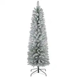 PULUZ - 5ft Artificial Christmas Tree, Snow Flocked Branches, Metal Base, Pencil Xmas Tree - Green