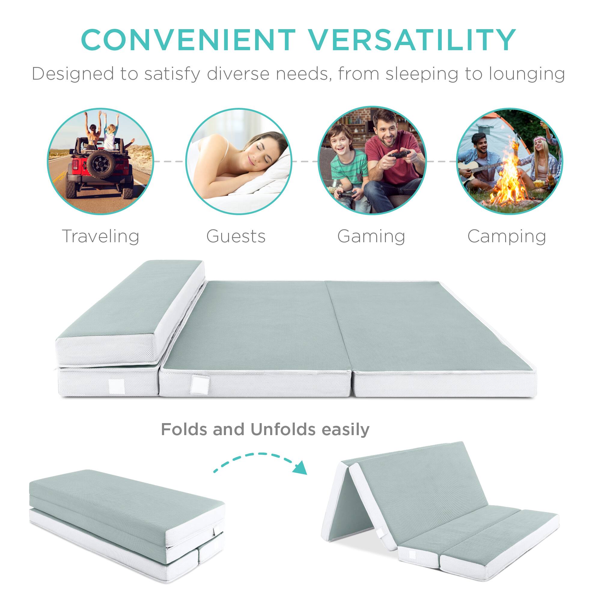 CONVENIENT VERSATILITY  
Designed to satisfy diverse needs, from sleeping to lounging  

Traveling  
Guests  
Gaming  
Camping  

Folds and Unfolds easily