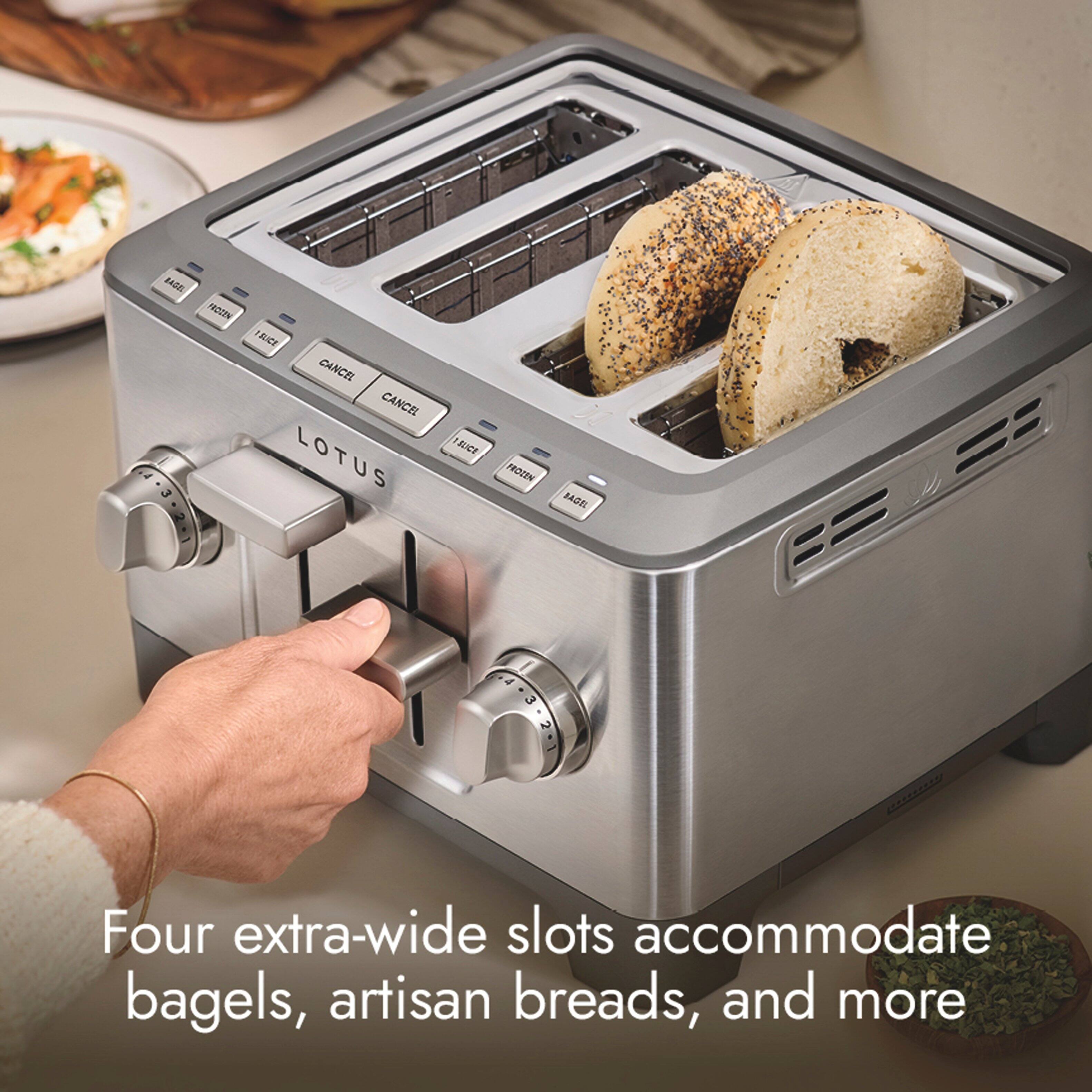 BAGEL FROZEN SLICE CANCEL CANCEL 4.3.2.1 LOTUS

SLICE
FROZEN
BAGEL

Four extra-wide slots accommodate bagels, artisan breads, and more